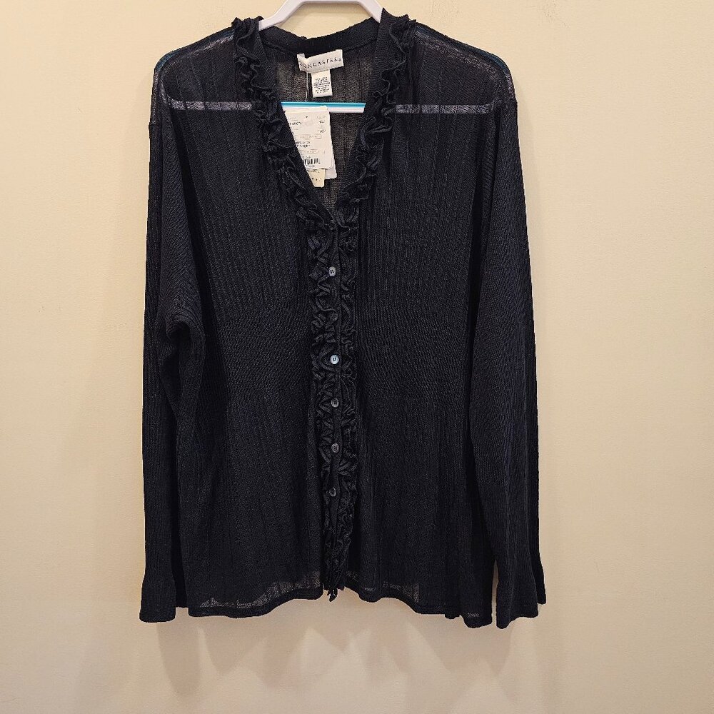 NWT Women's Doncaster Linen Blend Cardigan Sweater‎ Navy Blue Ruffle Size 3W